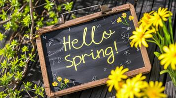 ai generado foto de texto 'Hola primavera' escrito con marcador en de madera junta, generativo ai