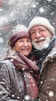 AI generated Portrait of a happy elderly white couple in the midst of heavy snowfall, generative AI, background image photo