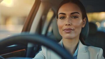 ai generado retrato de un contento blanco mujer de negocios conducción un lujo auto, generativo ai foto