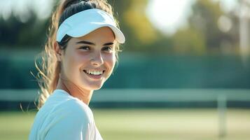 ai generado sonriente blanco hembra tenis jugador en el campo, generativo ai, antecedentes imagen foto