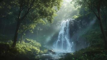 AI generated Hidden waterfall tucked away in a secluded forest, background image, generative AI photo