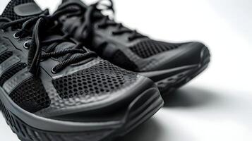 ai generado de cerca retrato de negro Deportes Zapatos en contra blanco fondo, generativo ai foto