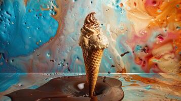 AI generated Melting Bliss, single scoop of ice cream melting on a waffle cone, generative AI photo