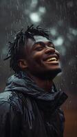 ai generado retrato de un sonriente joven negro masculino empapado en pesado lluvia, generativo ai, antecedentes imagen foto