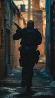 AI generated Action Hero, A policeman in action, chasing a suspect through an alleyway, gun drawn but aiming strategically, generative AI photo