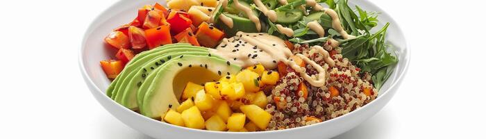 AI generated Quinoa Buddha Bowl, colorful Buddha bowl filled with cooked quinoa, roasted vegetables, avocado slices, and a drizzle of tahini dressing, background image, generative AI photo