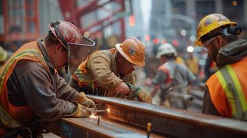 ai generado trabajo en equipo en acción, un grupo de diverso construcción trabajadores colaborando en un desafiante tarea, generativo ai foto