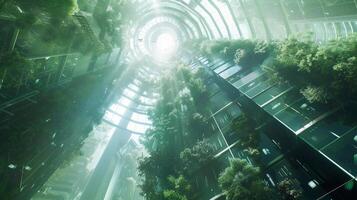 AI generated Vertical metropolis within a biodome, Towering skyscrapers covered in lush greenery pierce the glass dome that encloses the entire city, generative AI photo