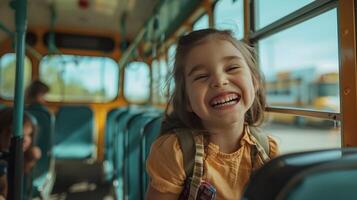 AI generated Back to school, School Bus Stories, Photograph kids sharing stories and laughter while riding the school bus, background image, generative AI photo