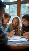 ai generado espalda a escuela, estudiar grupo, fotografía un grupo de estudiantes colaborando en deberes o un proyecto, antecedentes imagen, generativo ai foto