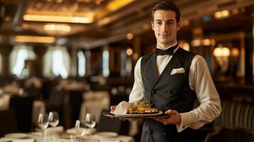 ai generado elegante servicio, capturar un camarero en un formal restaurante configuración, antecedentes imagen, generativo ai foto
