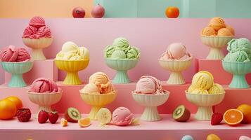 AI generated Fruity Gelato Bliss, variety of fruity gelato flavors arranged in a visually appealing display, generative AI photo