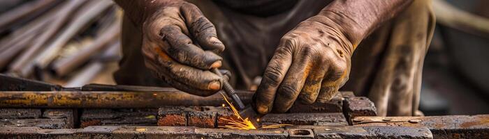 AI generated Craftsmanship with Care, a close-up of a construction worker's hands carefully welding tools, generative AI photo