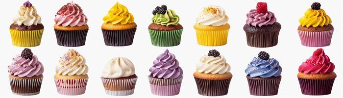 AI generated Cupcakes, variety of colorful cupcakes with piped frosting and decorative toppings, background image, generative AI photo