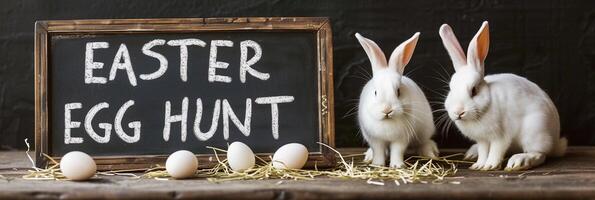 AI generated Photo of the text 'Easter Egg Hunt' written on a board side by side with rabbits and easter eggs, generative AI