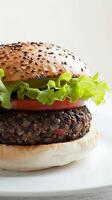 ai generado vegetariano hamburguesa, vegetariano hamburguesa empanada hecho desde negro frijoles o lentejas, antecedentes imagen, generativo ai foto