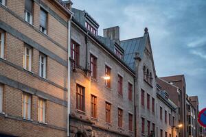 Architecture surface brick of building norwegian with window at evening photo