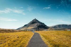 Stapafell volcanic mountain in Arnarstapi fishing village and pathway through golden meadow at Iceland photo