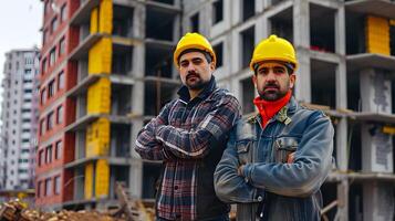 ai generado retrato de dos masculino construcción trabajador en un edificio proyecto, generativo ai foto