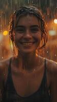 AI generated Portrait of a smiling young white female drenched in heavy rain, generative AI, background image photo