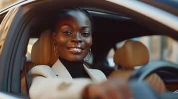 AI generated Portrait of a happy black businesswoman driving a luxury car, generative AI photo