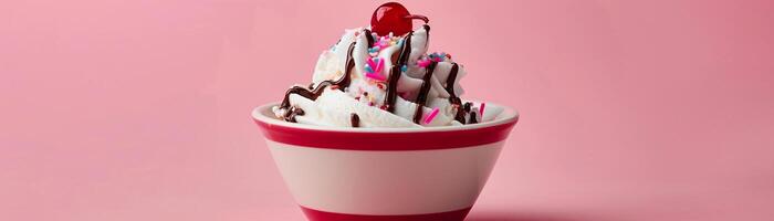 AI generated Sundae Delight, colorful and indulgent ice cream sundae topped with whipped cream, generative AI photo