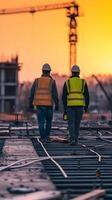 ai generado retrato de dos masculino construcción trabajador en un edificio proyecto, generativo ai foto