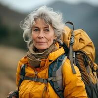 AI generated Attractive elderly woman traveling with a backpack photo