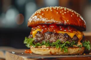 AI generated Delicious cheeseburger on the background of modern American cuisine photo