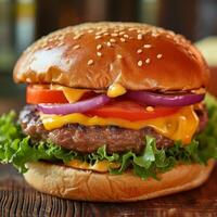 AI generated Delicious cheeseburger on the background of modern American cuisine photo