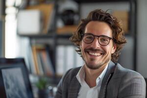 AI generated Portrait of a successful and smiling senior businessman consultant looking at the camera photo