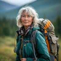 AI generated Attractive elderly woman traveling with a backpack photo