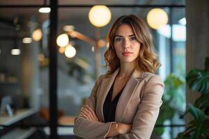 AI generated Portrait of successful business woman inside office photo