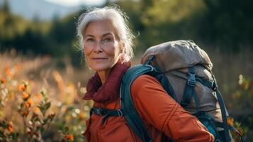 AI generated Attractive elderly woman traveling with a backpack photo
