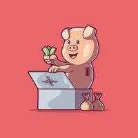 Piggy bank character on top of a safe vector illustration. Finance, money design concept.