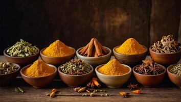 AI generated many different dry spices in bowls photo