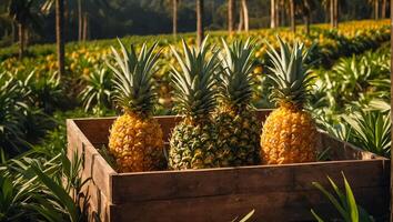 AI generated Harvest of fresh pineapples growing in the garden photo