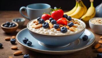 AI generated delicious oatmeal in a beautiful plate, blueberries, strawberries, banana, on the table photo