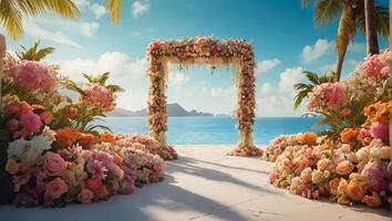 ai generado hermosa Boda arco con flores en contra el antecedentes de el mar foto