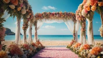 AI generated Beautiful wedding arch with flowers against the background of the sea photo