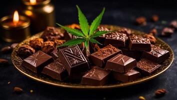 ai generado delicioso chocolate con marijuana hoja en oscuro antecedentes foto