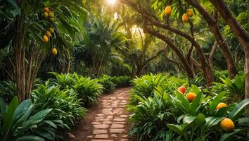 Beautiful alley with mango trees in the garden photo