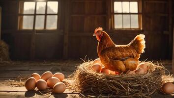 ai generado pollo con huevos en el granero foto