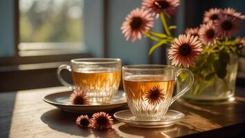 AI generated Beautiful cup of tea, echinacea flower photo