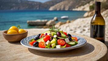 ai generado delicioso griego ensalada en un plato al aire libre en Grecia foto