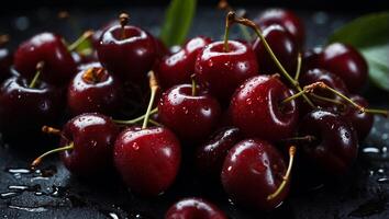 AI generated Juicy ripe cherries on a dark background photo