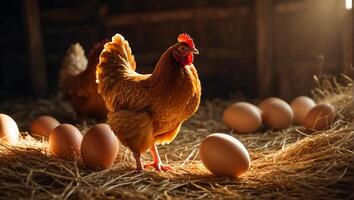 ai generado pollo con huevos en el granero foto