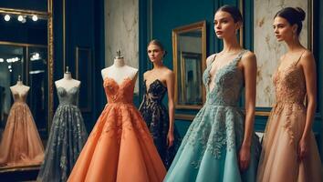 AI generated Beautiful evening dresses in the salon photo