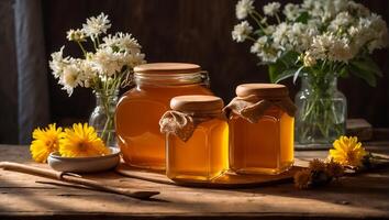 AI generated Jars of honey, flowers in the kitchen photo