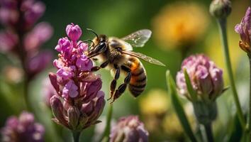 AI generated bee on a beautiful flower macro photo